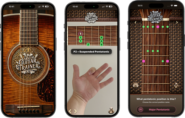 Three iPhone screens showing scale patterns across the guitar fretboard